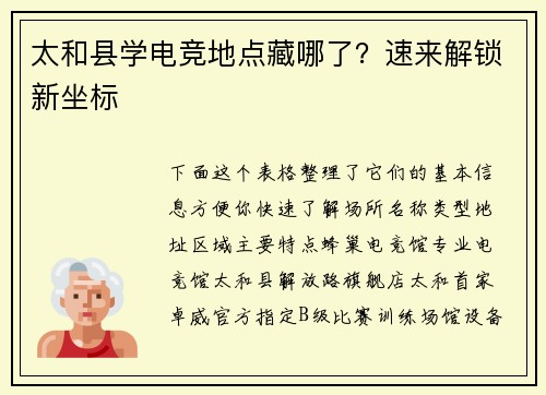 太和县学电竞地点藏哪了？速来解锁新坐标